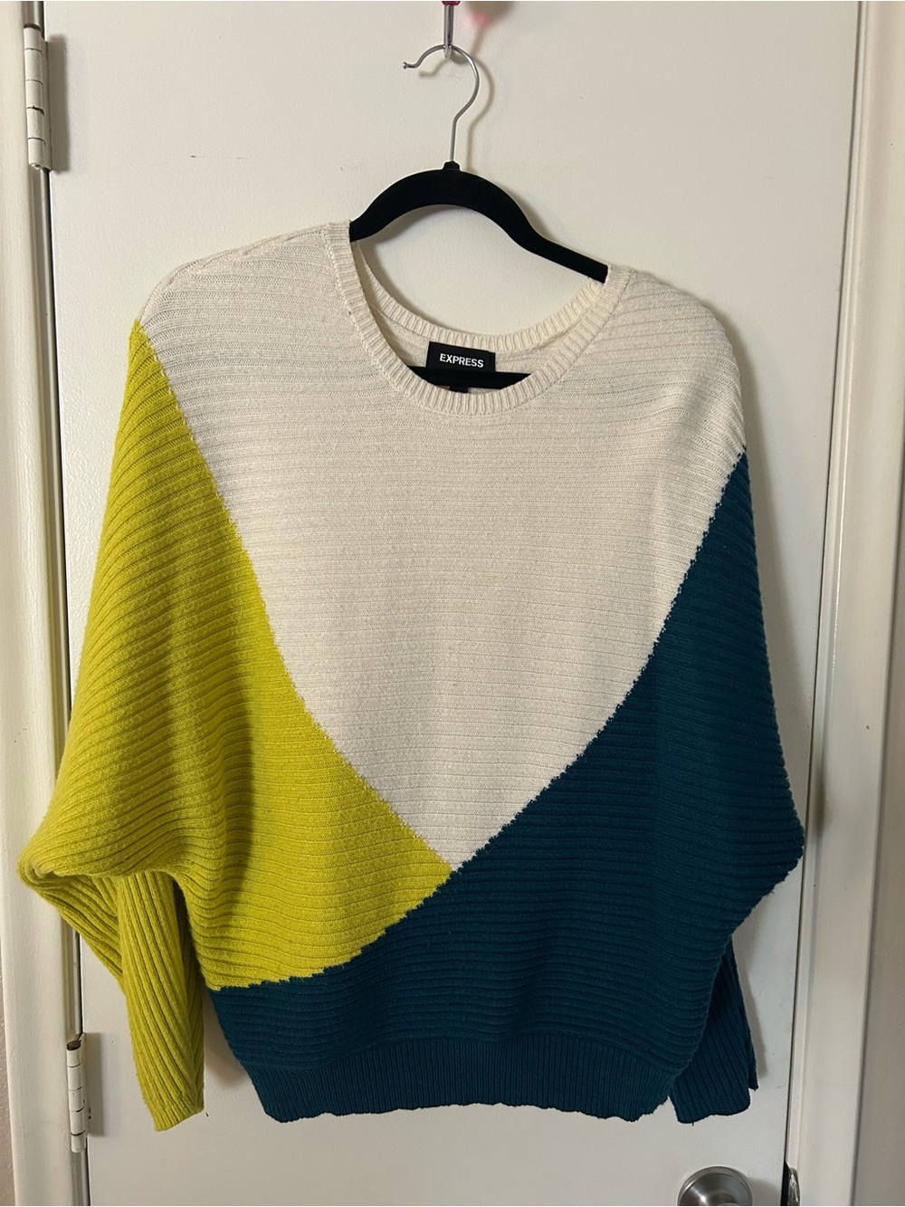 Express Colorblock Crewneck Sweater - Ivory, Chartreuse & Teal